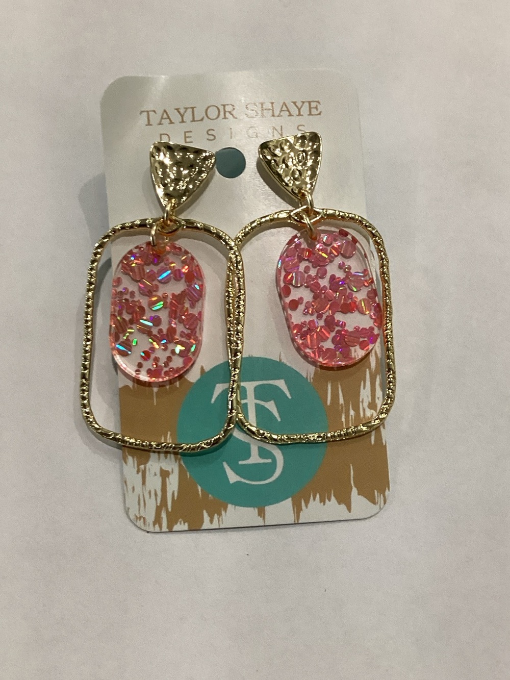 Taylor Shaye Pink Glitter‎ Gold-Frame Dangle Earrings